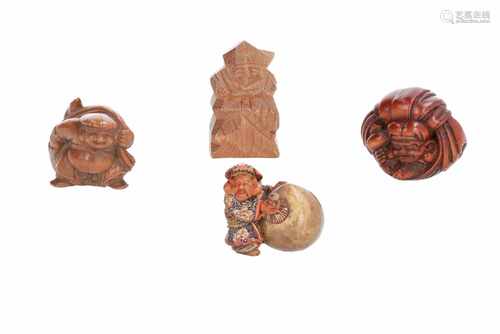 Lot of three netsuke and one okimono, 1) Painted wooden Daikoku with bag. Signed Shuzan. H. 3,5