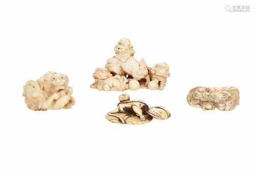 Lot of two netsuke, one okimono and one okimono netsuke,1) Ivory rat in Daikoku's bag. L. 4,5 cm. 2)