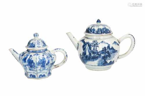 An octagonal blue and white porcelain teapot, decorated with flowers, long Elizas and little boys.