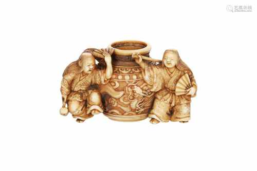 Ivory netsuke of a tarakabune with the seven lucky gods. Signed Ryokoku. Japan, 19th century. H. 4