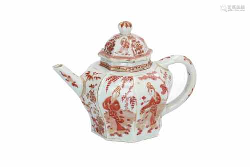 An octagonal iron red porcelain teapot, decorated with flowers and long Elizas. The cover with