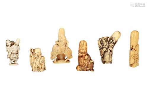 Lot of six netsuke, 1) Staghorn Jurojin with scroll. H. 7,5 cm. 2) Ivory Jurojin with karako and