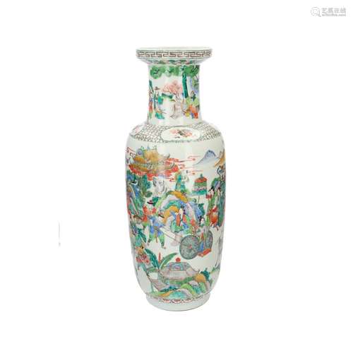 A Famille Verte porcelain rouleau vase, decorated with figures, horsemen and warriors. Unmarked.