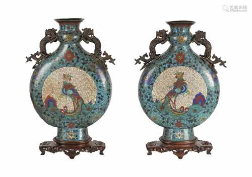 A pair of cloisonné pilgrimage vases on rosewood base. China, 19th century. H. 37 cm. (excl. base)