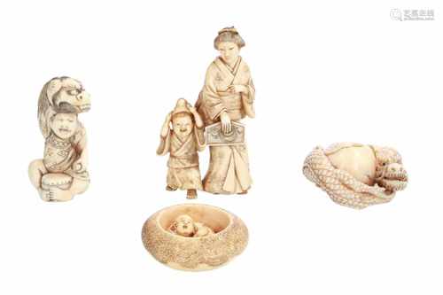 Lot of five netsuke, 1) Ivory Hotei with karako and shishi costume. Signed Hojitsy. H. 4 cm. 2)