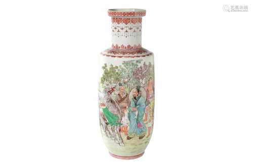 A polychrome porcelain rouleau vase, decorated with figures, a horse with cart and a poem. Marked