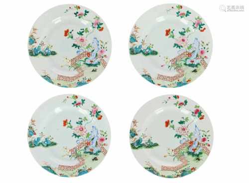 A set of four Famille Rose porcelain dishes, decorated with flowers and birds. Unmarked. China,