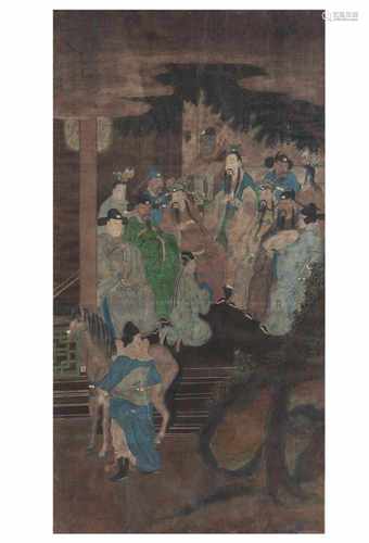 A scroll depicting figures and a horse, in the style of Song. Dated 1741. Signed Fei Dan Xu (