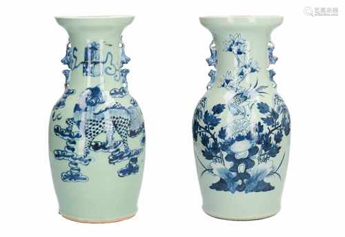 A lot of two blue and white porcelain vases. One decorated with a bird sitting on a flower branch,