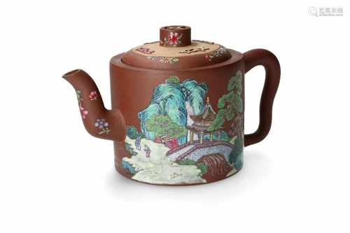 A rare Yixing teapot with on one side a polychrome decor of a mountainous landscape with