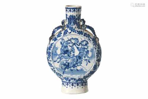 A blue and white porcelain pilgrim bottle, decorated with flowers and scenes with warriors on