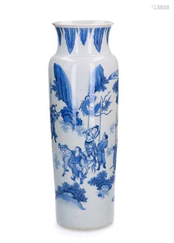 A large blue and white porcelain rouleau vase, decorated with figure, warriors and man with horse in