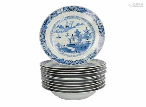 A lot of three sets (12 dishes in total) of blue and white porcelain export dishes, decorated with