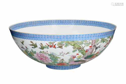 A large polychrome eggshell porcelain bowl, decorated with birds and flowers. Marked with seal mark.