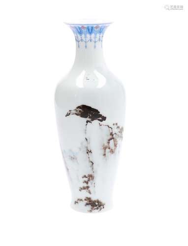 A polychrome eggshell porcelain vase, decorated with a bird on a rock. Marked with seal mark