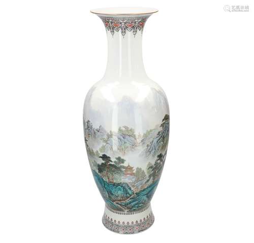 A polychrome porcelain vase, decorated with mountainous landscape and a poem. Marked with seal