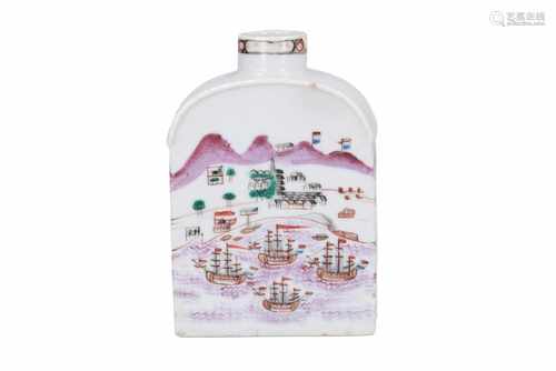 A polychrome porcelain tea caddy, decorated with Dutch ships moored for the coast of Canton (