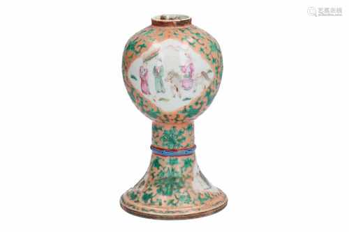 A polychrome porcelain vase, decorated with flowers, figures and a horse. Marked. China, 19th