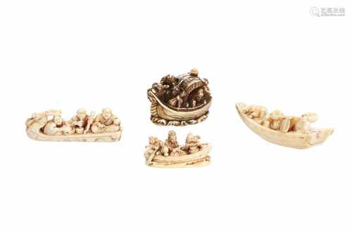 Lot of five netsuke, 1) Ivory Daikoku with mask, hammer and karako. Signed Ryuzan. H. 4 cm. 2) Ivory