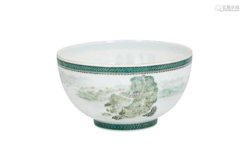 A polychrome eggshell porcelain bowl, decorated with a mountainous river landscape. Marked with seal