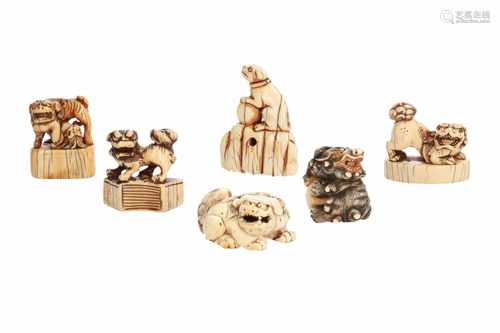 Lot of six netsuke, 1) Ivory Jurojin with karako and turtle. Signed. L. 5 cm. 2) Ivory Hotei with