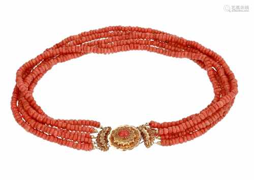 A five-strand red coral necklace with golden clasp with red coral. Diam. ca. 5 mm. Tot. weight ca.