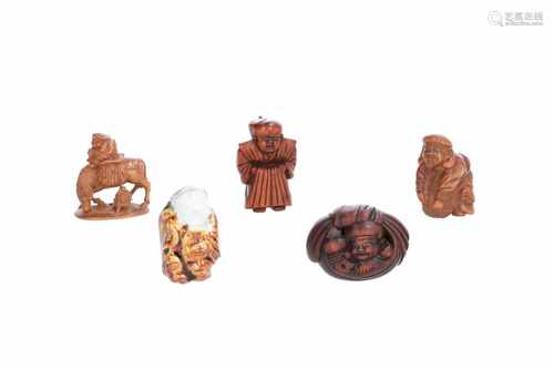 Lot of five netsuke, 1) Wooden Daikoku on horse. Signed Yoshitoshi. H. 4 cm. 2) Wooden Daikoku