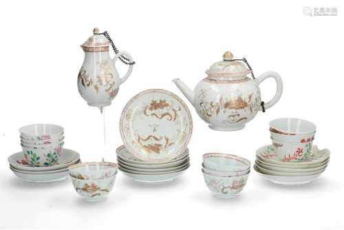 A lot of polychrome porcelain items, including a teapot, milk jug, 12 cups and 14 saucers with