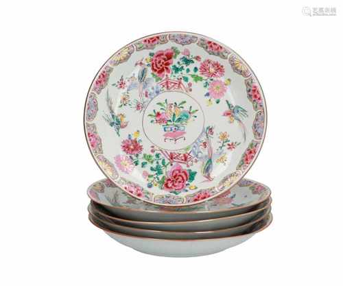 A set of five Famille Rose dishes, decorated with peonies, birds and a bowl with fruits. Unmarked.