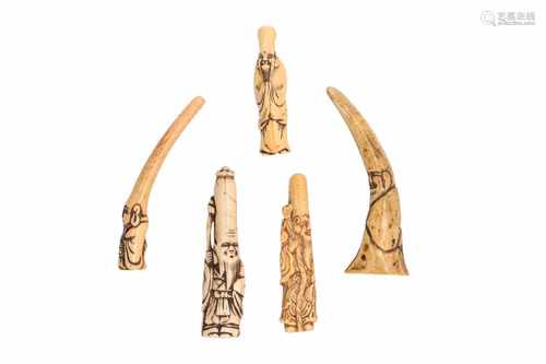 Lot of six netsuke, 1) Staghorn Fukurokuju. H. 10,5 cm. 2) Ivory Fukurokuju. H. 5 cm. 3) Staghorn