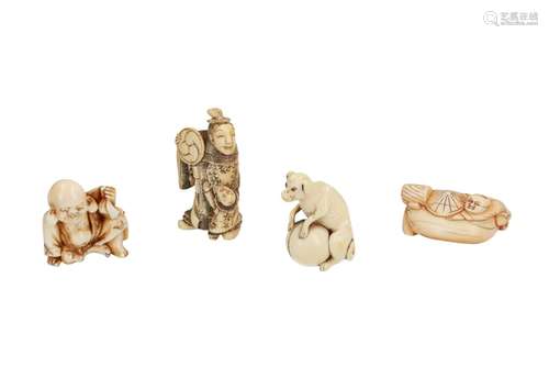 Lot of six netsuke, 1) Ivory two karako with bag and fan. H. 3,5 cm. 2) Ivory shishi on bag with