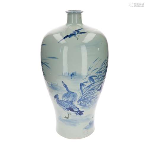 A blue and white porcelain Meiping vase, decorated with birds, flowers and characters. Dated 1993.