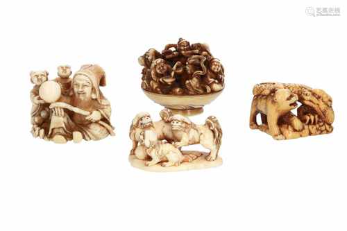 Lot of six netsuke, 1) Ivory Hotei mask. Signed Koshin. H. 4,5 cm. 2) Ivory fox head with moving