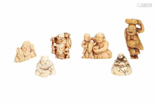 Lot of six netsuke, 1) Ivory shishi. L. 4 cm. 2) Ivory shishi with ball. H. 3 cm. 3) Ivory shishi on