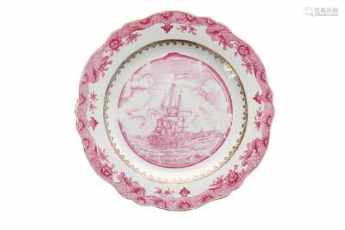 A pink and white dish with scalloped rim, decorated with flowers and a three-master in front of