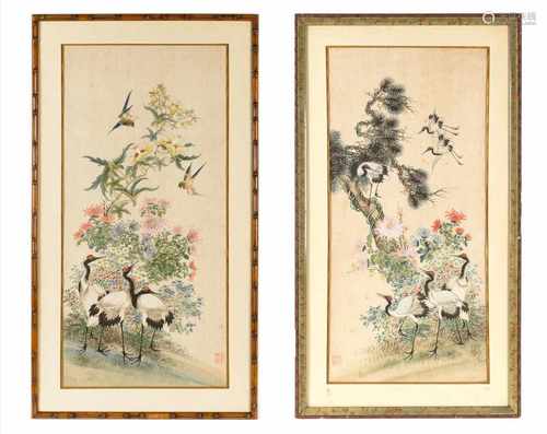 Lot of two paintings on silk, depicting birds and flowers. Both with seal mark. Japan, 20th century.