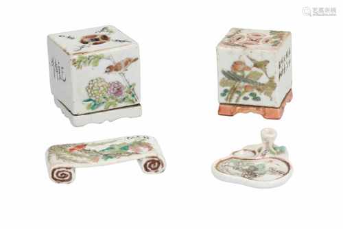 Lot of four porcelain objects, including two ink boxes, a brush rest and a water dish, decorated