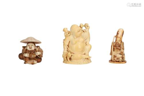 Lot of six netsuke, 1) Staghorn Jurojin. H. 5 cm. 2) Ivory Fukusuke. H. 3,5 cm. 3) Ivory Fukurokuju.