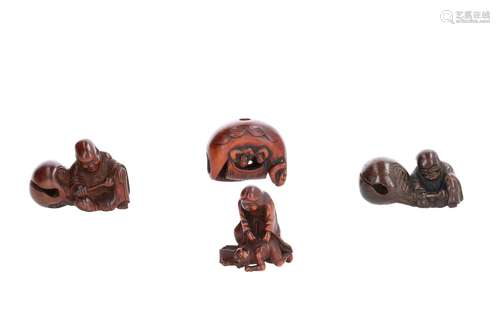 Lot of five netsuke, 1) Ivory dog with ball. Signed Hakuruju. H. 4 cm. 2) Ivory karako on bag with