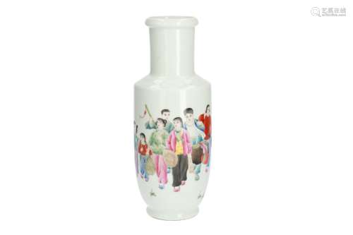A polychrome porcelain rouleau vase with a decor of figures in a parade and characters.