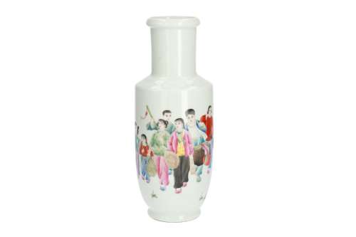 A polychrome porcelain rouleau vase with a decor of figures in a parade and characters.