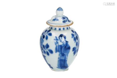 A blue and white porcelain miniature vase, decorated with long Elizas and jardinières. Marked