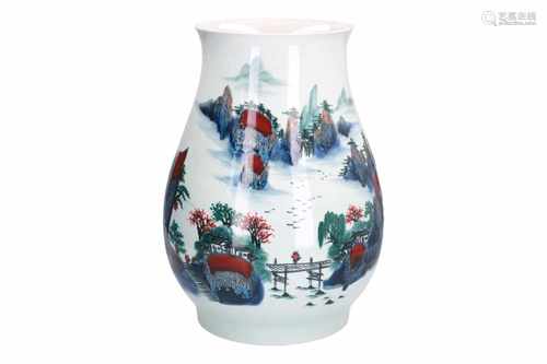 A polychrome porcelain vase, decorated with mountainous landscapes. Dated 2004. Unmarked. China