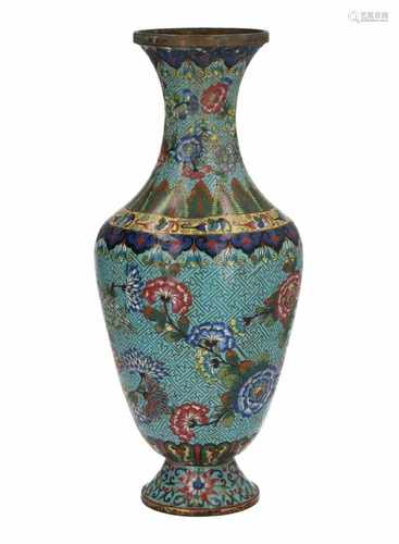 A polychrome cloisonné vase, decorated with flowers and bats. Unmarked. With part of a seal stamp.