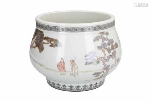 A polychrome porcelain jar, decorated with figures and trees. Dated 1990. Signed Wang XiaoFeng (