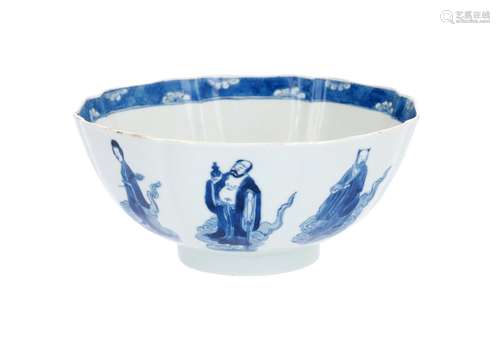 A blue and white porcelain lobed bowl, decorated with the eight immortals standing on clouds. The