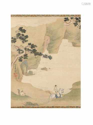 Scroll depicting figures in a mountainous river landscape. Signed. China, 20th century. Dim. 27,5