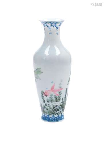 A polychrome eggshell porcelain vase, decorated with fish. Marked with seal mark Jingdezhen.