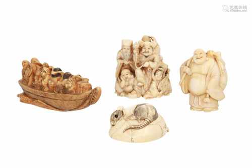 Lot of five netsuke, 1) Ivory shishi with ball. L. 4,5 cm. 2) Ivory shishi on table, on base. H. 4