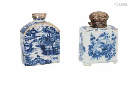 A blue and white porcelain tea caddy with silver plated cap, decorated with flowers and cartouches